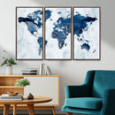 Modern Blue World Map Canvas Print – Framed Wall Art,