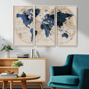 Vintage Blue World Map Canvas Wall Art – Antique Style