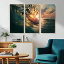 Ocean Wave Sunset Canvas Wall Art – Triptych Seascape Print