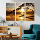 Golden Tropical Beach Sunset Canvas Triptych, Coastal Palm
