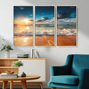 Golden Sunset Beach Triptych Canvas Art, Giclee Coastal Wall