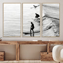 Surfers on Waves Wall Art Canvas Print – Framed Black and