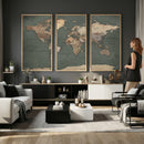 Rustic Black and Wood World Map Canvas Wall Art – Framed