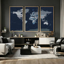 Blue Detailed World Map Wall Art Canvas Print, Modern Framed