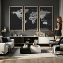 Black World Map Wall Art Canvas Print – Detailed Map of the