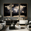 Grunge World Map Wall Art | 3-Panel Large Beige and Brown