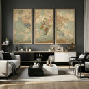 World Map Wall Art Canvas Print, Rustic Map Print, Framed