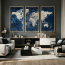 Large Blue World Map Wall Art Canvas Print for Home Office