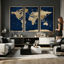Navy Blue World Map Canvas Print – Detailed Map Minimal Navy