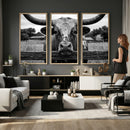 Black White Texas Longhorn Bull Canvas Wall Art, Western Ranch Cattle Photography Print, Rustic Farmhouse Cowboy Decor Artwork