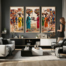 African Folk Art Canvas Wall Art, Colorful African Women Village Painting Print, Tribal Ethnic Home Decor, Vibrant African Art, Living Room