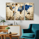 World Map Canvas Print – Vintage Blue and Gold World Map