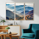Misty Mountain Sunrise Triptych Canvas Print – Autumn