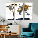 Modern Abstract World Map Canvas Wall Art – Framed Blue and