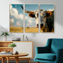 Longhorn in the Prairie - Stunning Ranch-Style Triptych Wall