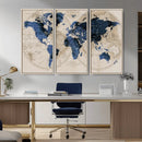 Vintage Blue World Map Canvas Wall Art – Antique Style