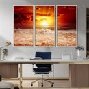 Red Sunset Ocean Beach Canvas Wall Art Beach Canvas, Coastal