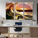 Golden Wave Sunset Triptych Canvas Art, Giclee Canvas Print