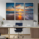 Sunset on the Ocean Beach with Waves, Reflections on Sand,