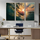 Ocean Wave Sunset Canvas Wall Art – Triptych Seascape Print