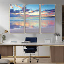 Tranquil Pastel Sunset Beach Triptych Canvas Art, Soothing