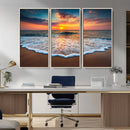 Sunset Beach Canvas Wall Art – Colorful Ocean Waves Triptych