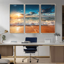 Golden Sunset Beach Triptych Canvas Art, Giclee Coastal Wall