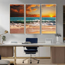 Golden Sunset Beach Canvas Wall Art – Triptych Seascape