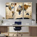 World Map Wall Art – Antique Style Blue and Brown Map Canvas