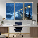 Stormy Ocean Pier Lights Canvas Wall Art Print - Large Moody