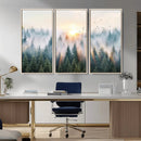 Misty Pine Forest Wall Art Canvas, Sunrise Over Foggy Trees