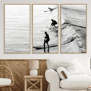 Surfers on Waves Wall Art Canvas Print – Framed Black and