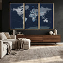 Blue Detailed World Map Wall Art Canvas Print, Modern Framed