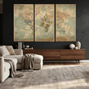 World Map Wall Art Canvas Print, Rustic Map Print, Framed
