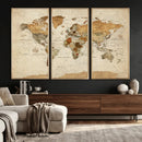 Vintage World Map Canvas Print – Framed Rustic Detailed Map