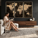 Brown World Map Canvas Print – Modern Travel Map Wall Art,