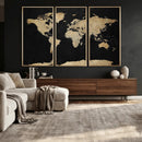 Beige World Map Canvas Wall Art Print, Minimal Black and