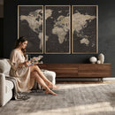 World Map Canvas Wall Art Dark Charcoal Antique Tan Detailed