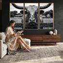 Black White Texas Longhorn Bull Canvas Wall Art, Western Ranch Cattle Photography Print, Rustic Farmhouse Cowboy Decor Artwork