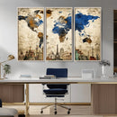 World Map Canvas Print – Vintage Blue and Gold World Map