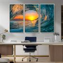 Ocean Wave Sunset Wall Art | Large Coastal Wave Canvas Print