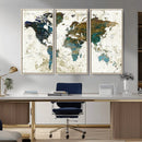 Vintage World Map Wall Art Canvas Print, Framed Rustic Earth