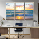 Golden Sunset Over Ocean Waves - Serene Coastal Triptych