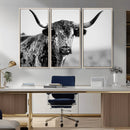 Texas Cow Longhorn Wall Art Canvas Print in Black and White