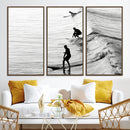 Surfers on Waves Wall Art Canvas Print – Framed Black and