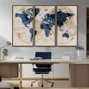 Vintage Blue World Map Canvas Wall Art – Antique Style
