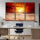 Red Sunset Ocean Beach Canvas Wall Art Beach Canvas, Coastal