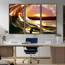 Golden Wave Sunset Triptych Canvas Art, Giclee Canvas Print