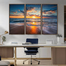 Sunset on the Ocean Beach with Waves, Reflections on Sand,