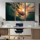 Ocean Wave Sunset Canvas Wall Art – Triptych Seascape Print